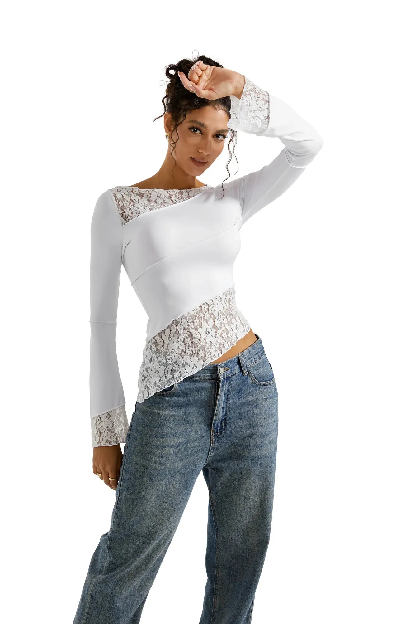 Mesh Lace Crew Neck Shirt - Long Sleeve