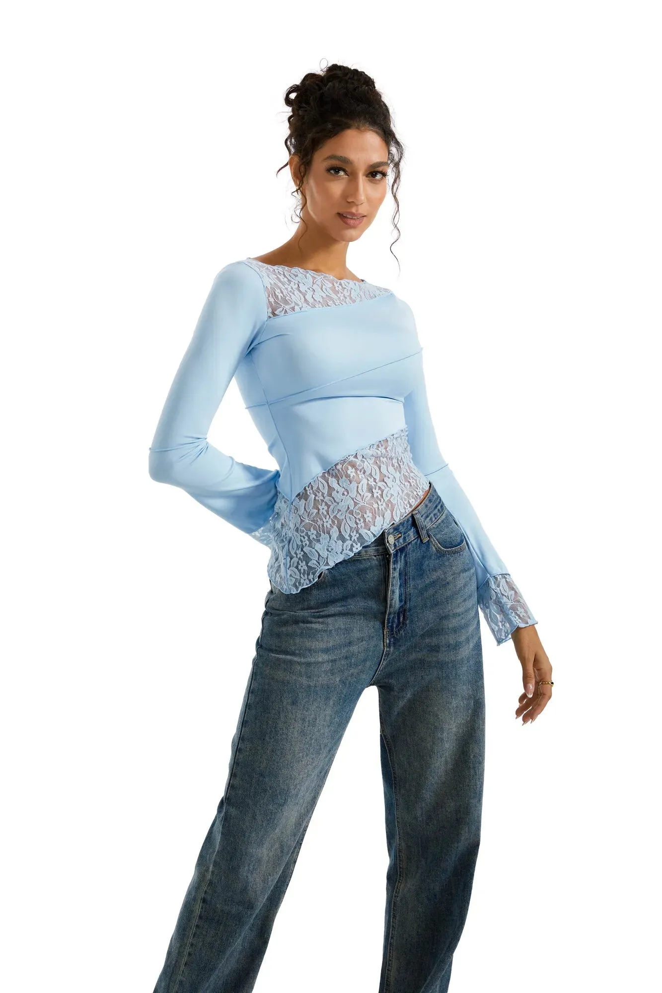 Mesh Lace Crew Neck Shirt - Long Sleeve