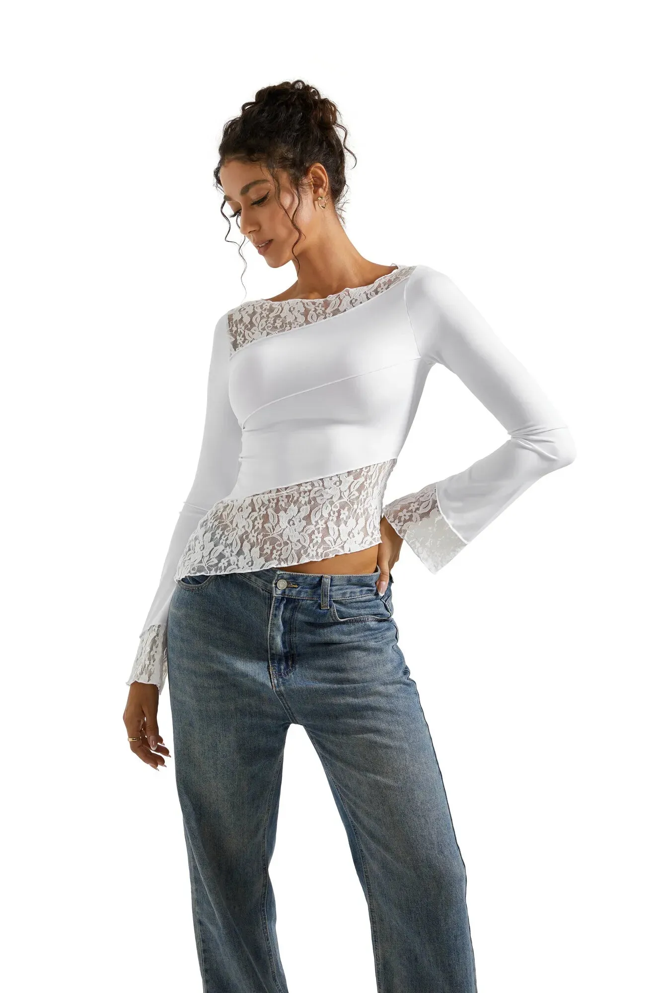 Mesh Lace Crew Neck Shirt - Long Sleeve