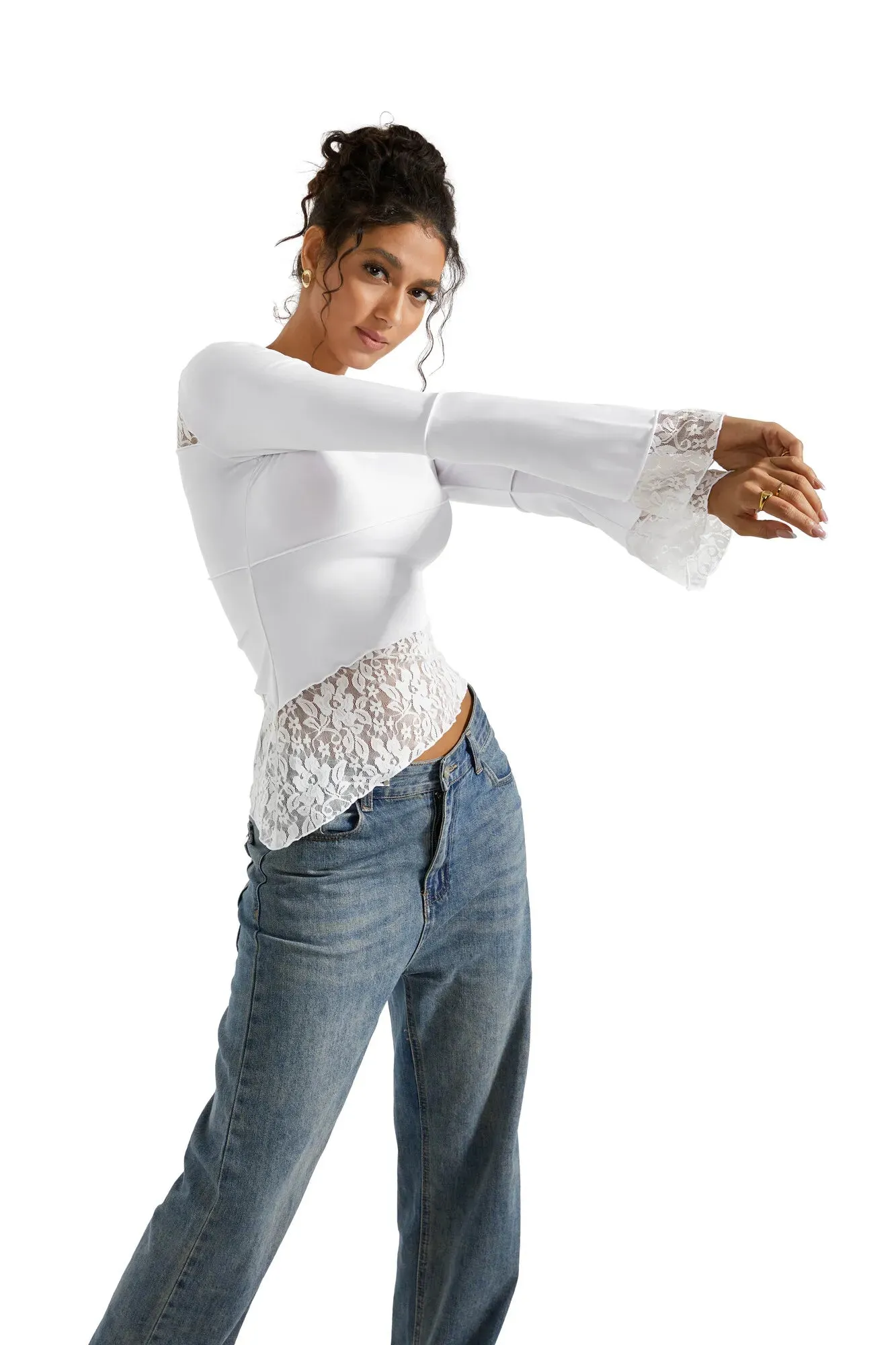 Mesh Lace Crew Neck Shirt - Long Sleeve