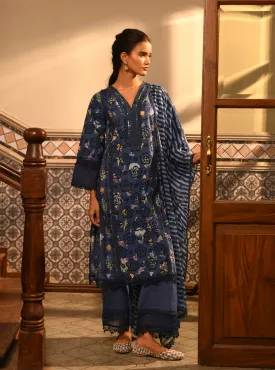 Mulmul Cotton Binita Navy Printed Kurta With Mulmul Cotton Binita Navy Pant