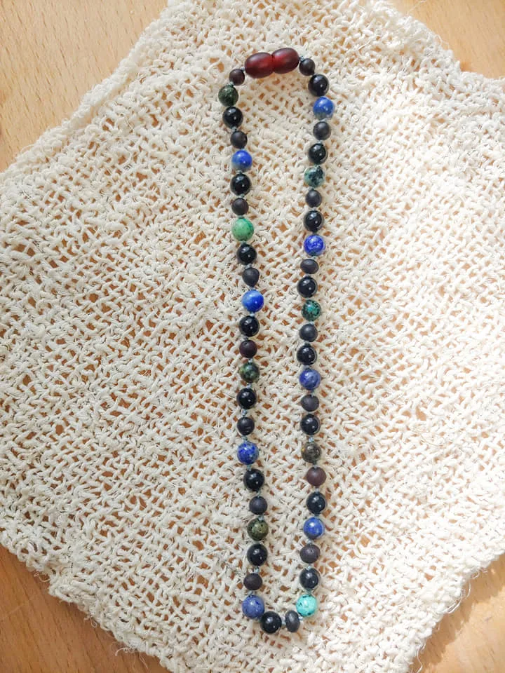 Obsidian, African Turquoise, Lapis Lazuli,    Raw Cherry Baltic Amber Necklace