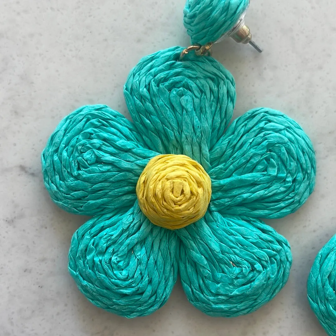 Raffia Flower Earrings - Green/ Yellowish