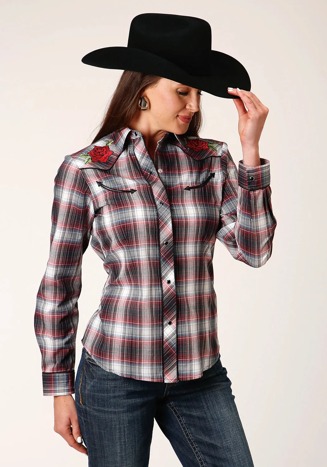 Roper Womens Rose Plaid Red Cotton Blend L/S Shirt