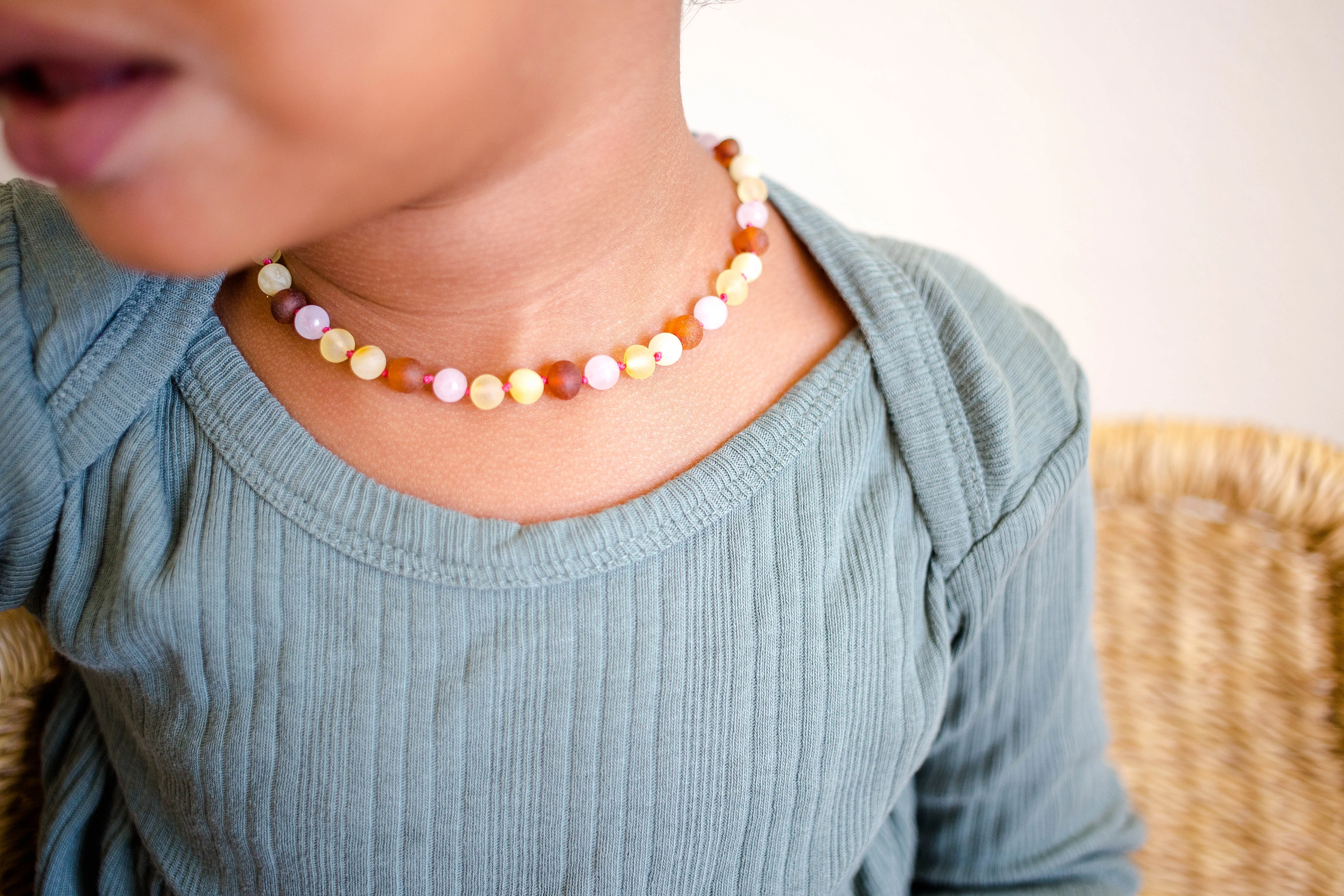 Rose Quartz   Raw Multi Color Baltic Amber Teething Necklace ll Pain ll Calming