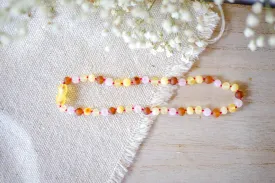 Rose Quartz   Raw Multi Color Baltic Amber Teething Necklace ll Pain ll Calming