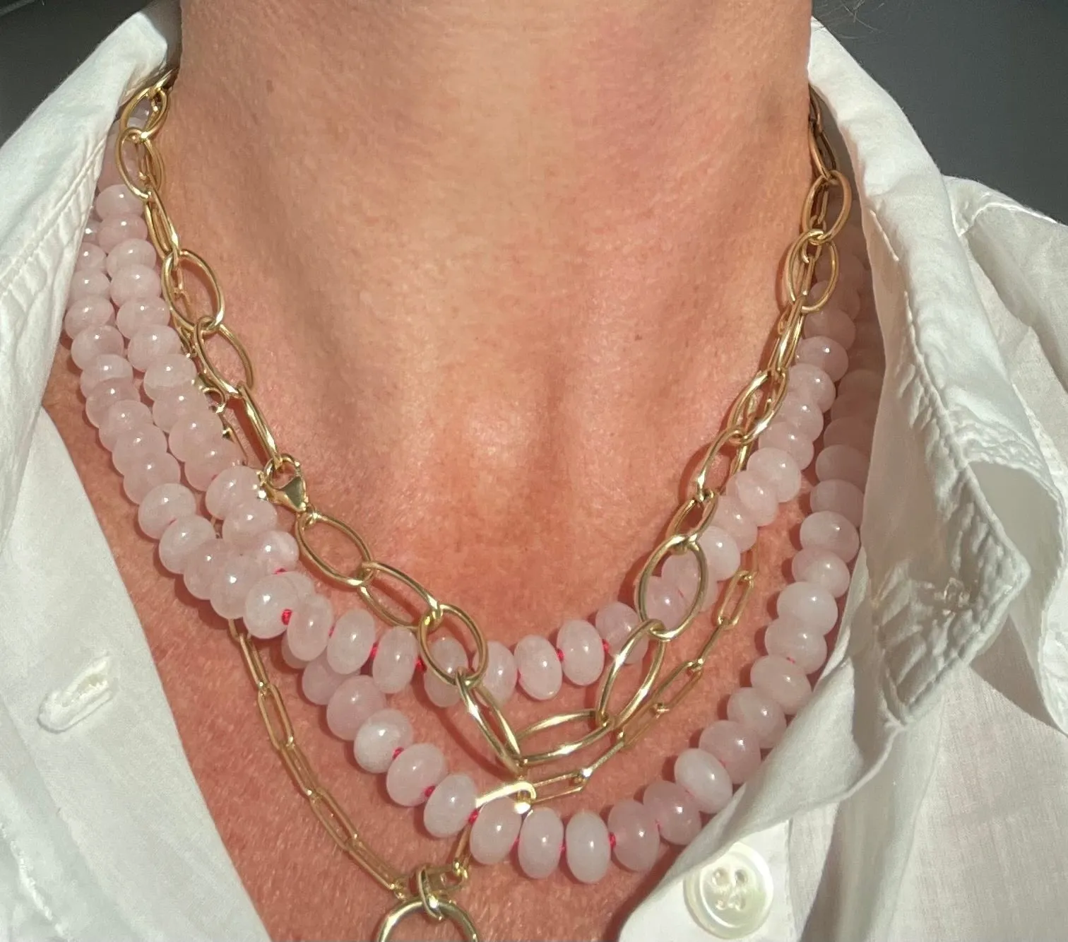 Rose quartz smooth candy shape Beaded necklace hand knitted with red 14K yellow gold clasp