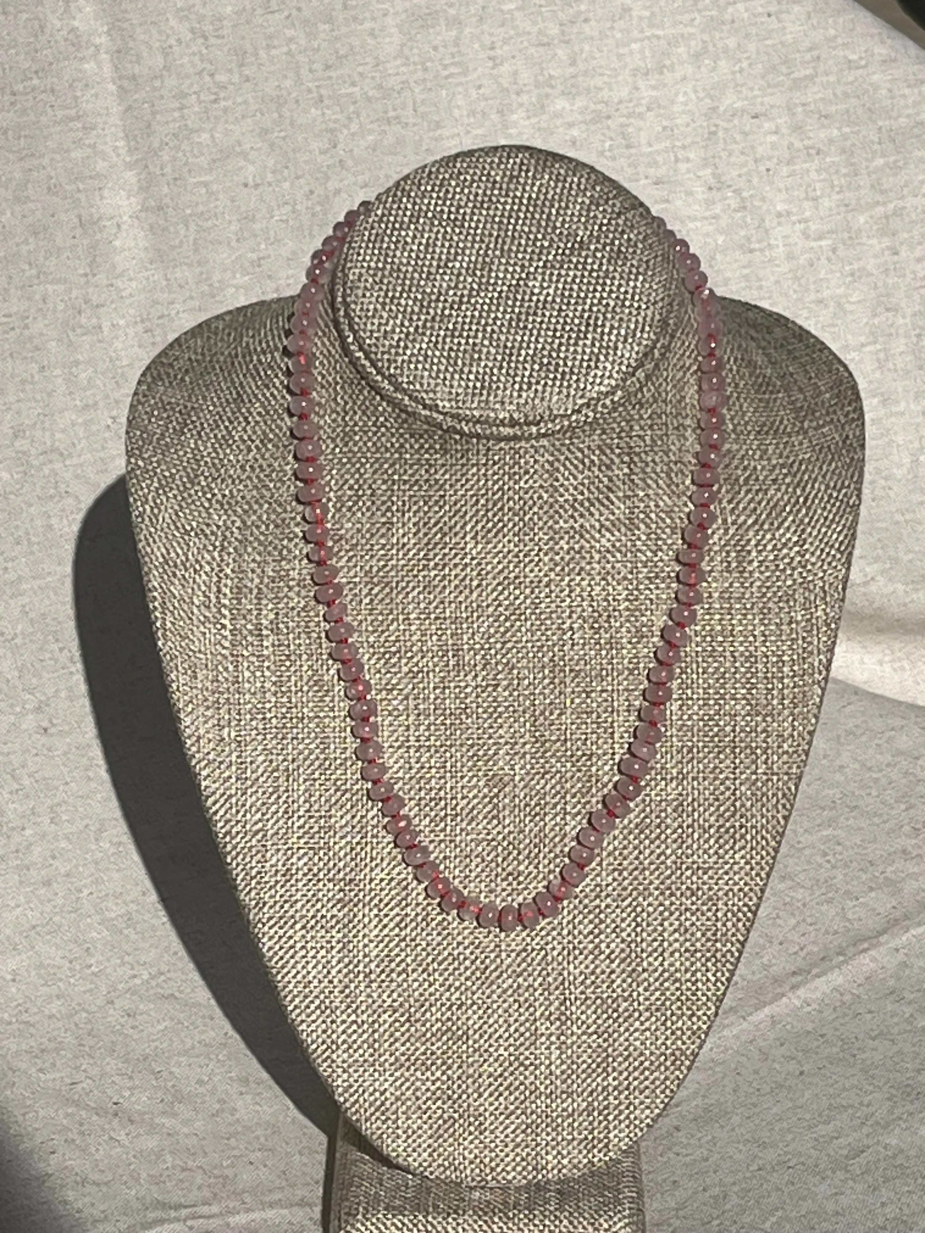 Rose quartz smooth candy shape Beaded necklace hand knitted with red 14K yellow gold clasp