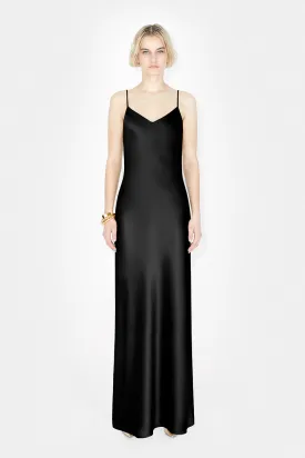 Satin V-Neck Slip Dress - Black