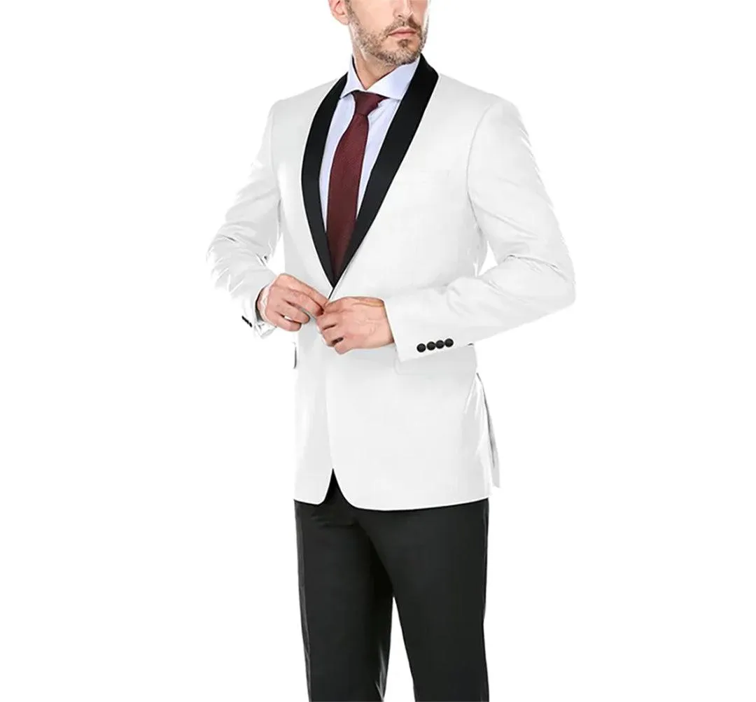 Slim Fit White Dinner Jacket with Black Shawl Lapel