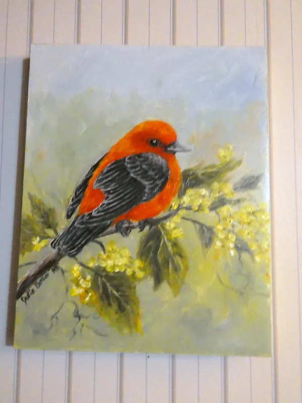 Song Bird oil painting - original oil painting - Scarlet Tanager painting - wildlife painting