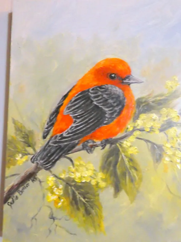 Song Bird oil painting - original oil painting - Scarlet Tanager painting - wildlife painting