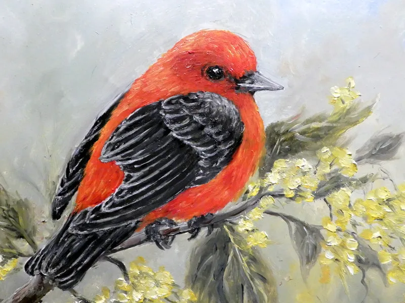 Song Bird oil painting - original oil painting - Scarlet Tanager painting - wildlife painting