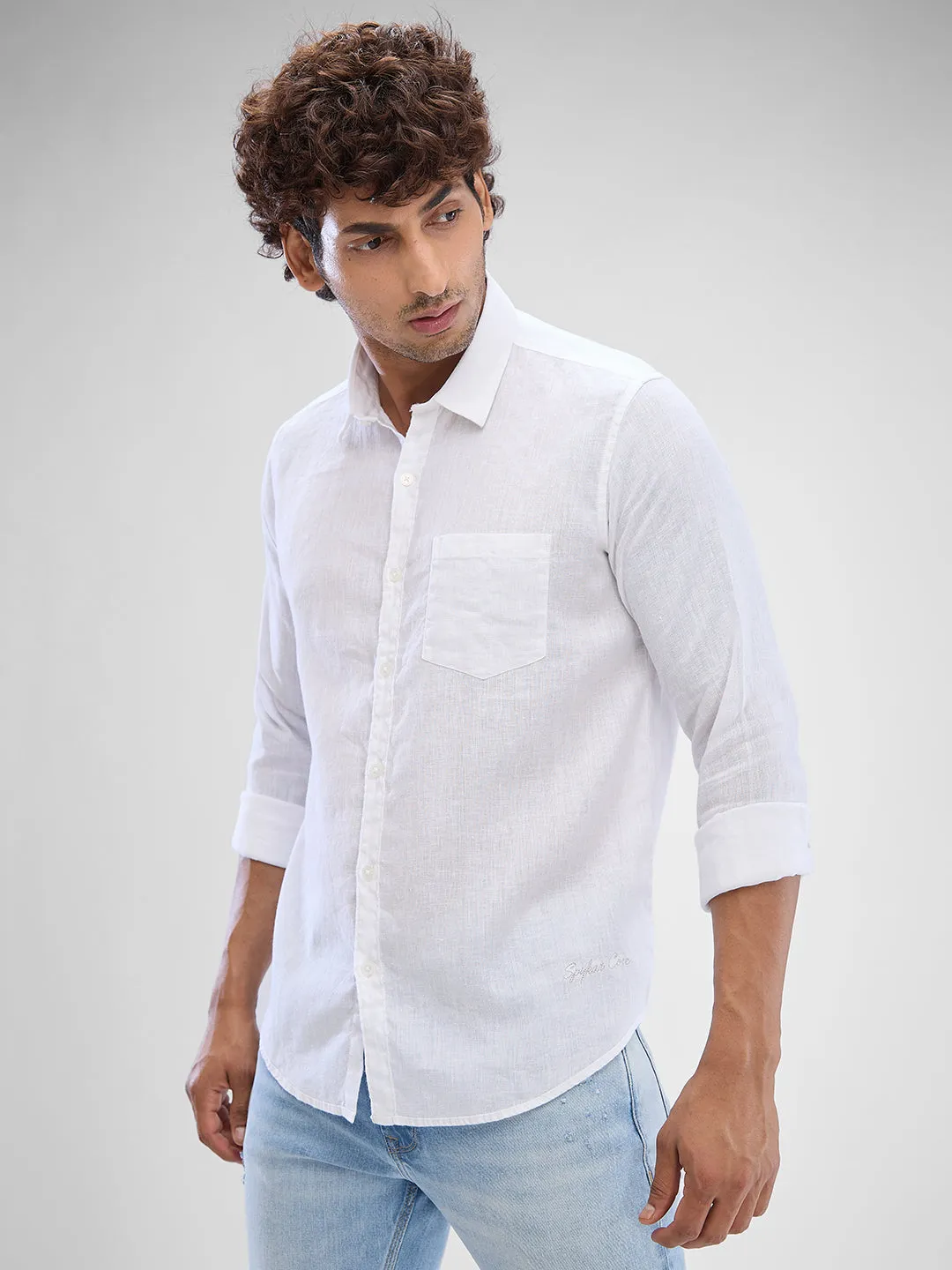 Spykar White Linen Full Sleeve Raised Collar Shirt For Men