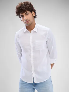 Spykar White Linen Full Sleeve Raised Collar Shirt For Men