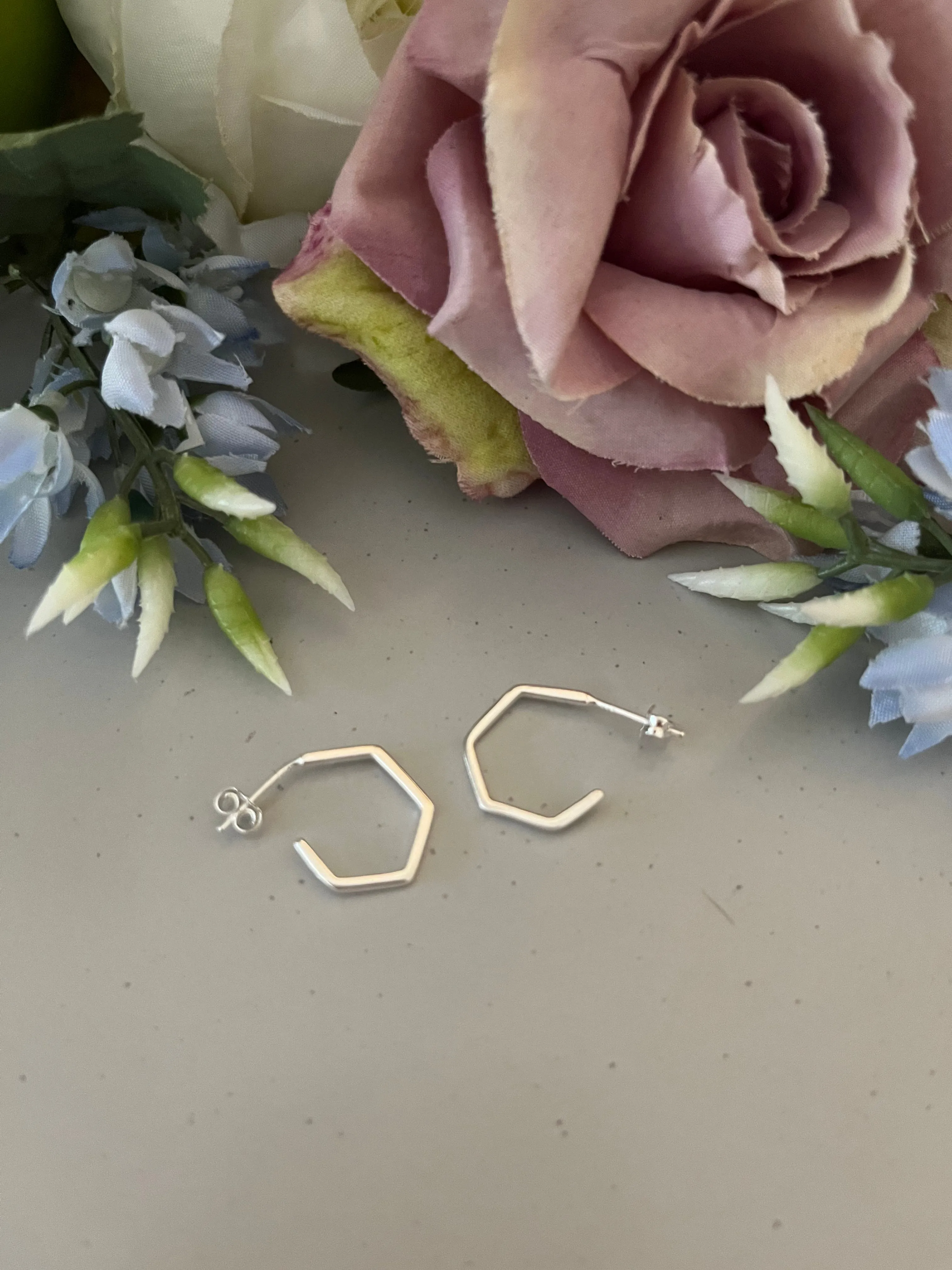 Sterling Silver Hexagon Partial Hoop Earrings