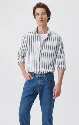 STRIPED BUTTON-UP LONG SLEEVE SHIRT IN DARK DENIM WHITE STRIPE