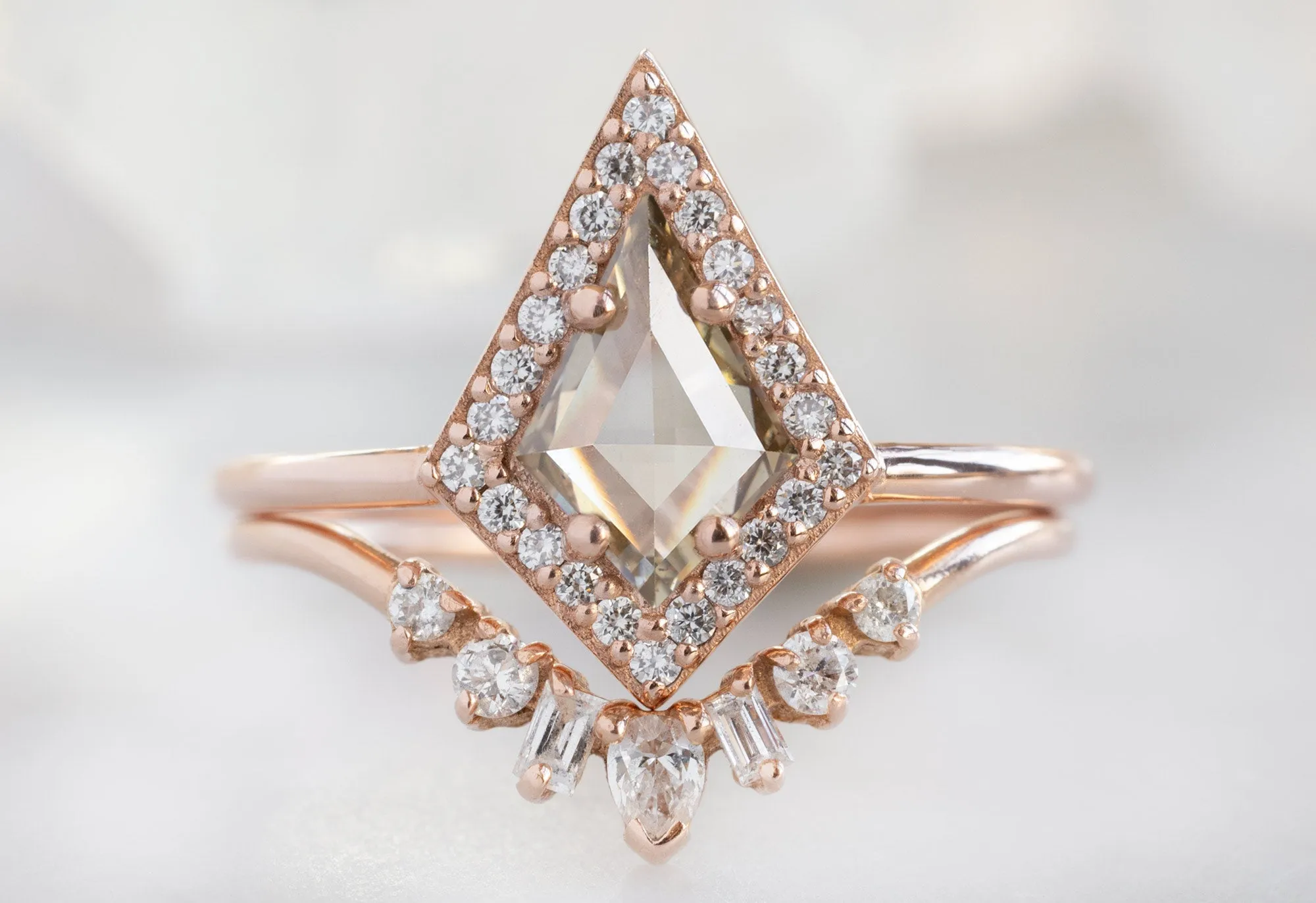 The Dahlia Ring with a Kite-Shaped Champagne Diamond