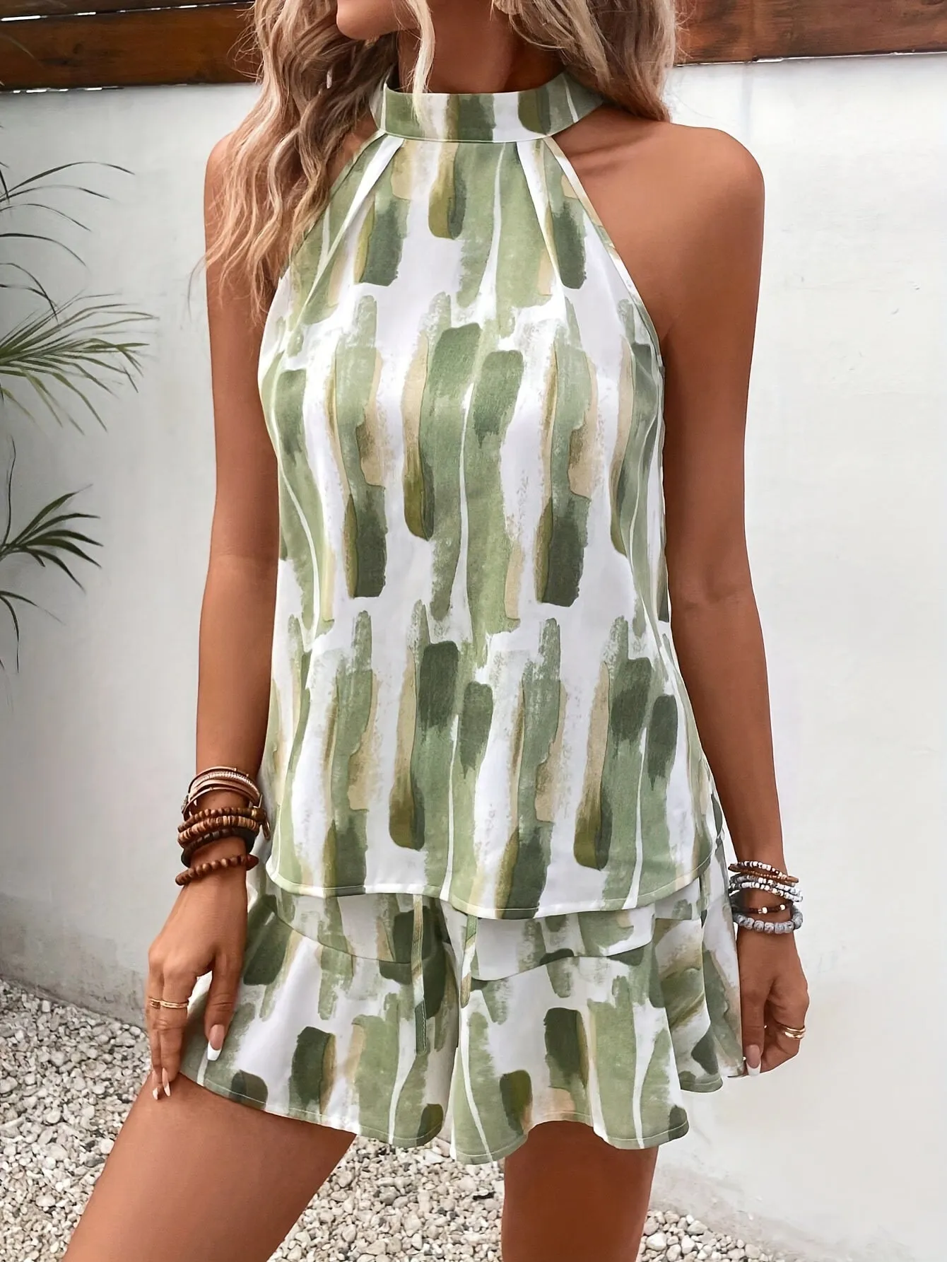 Vibrant Vacation Outfit Set - Allover Print Sleeveless Choker Neck Top, Ruffle Hem Loose Shorts, Comfortable, Stylish, and Versatile Women's Clothing for Summer Travel