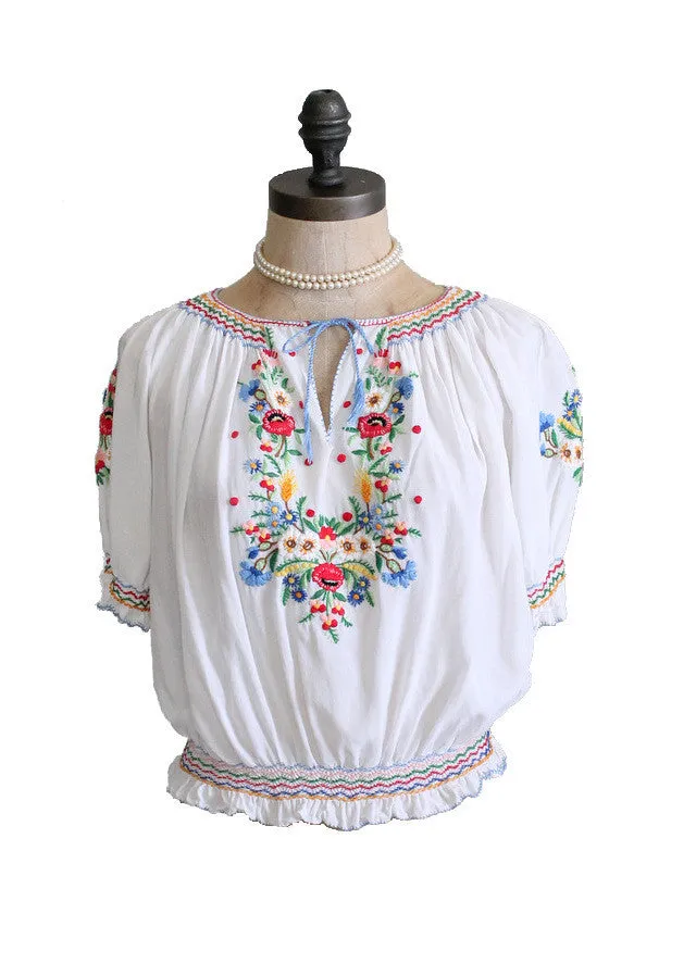 Vintage 1930s Hungarian Embroidered Silk Folk Blouse