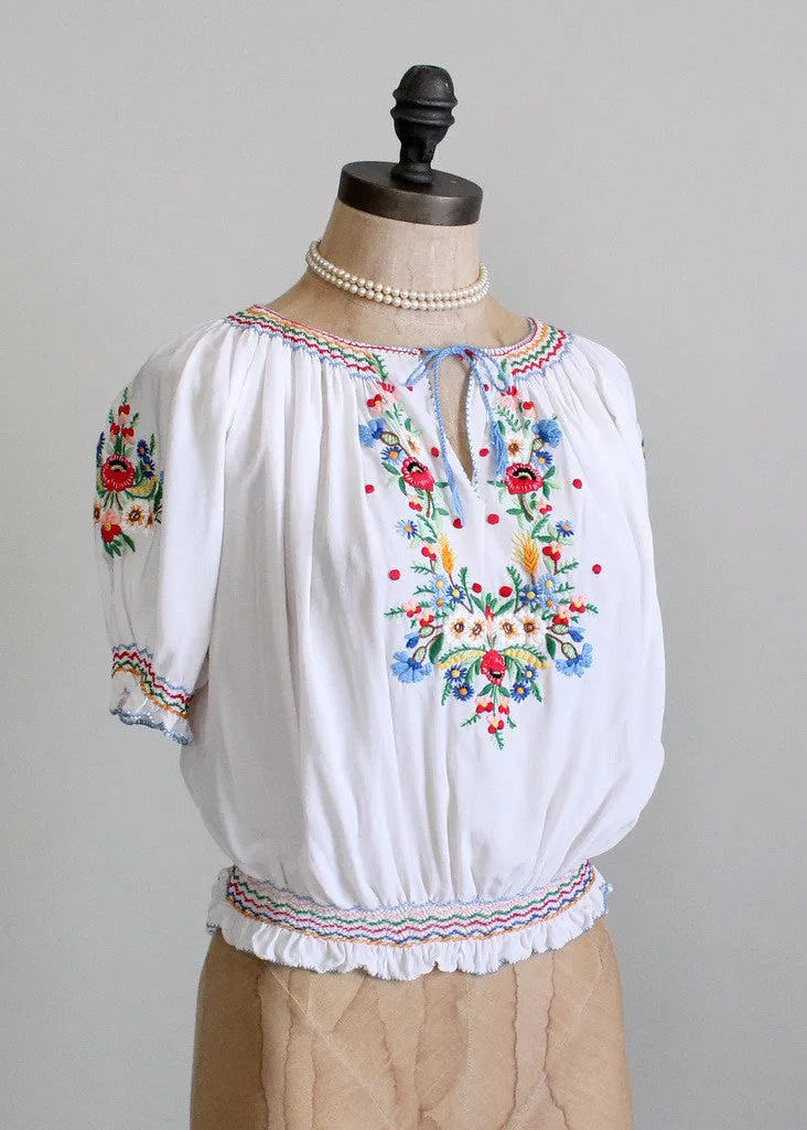 Vintage 1930s Hungarian Embroidered Silk Folk Blouse