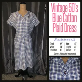 Vintage 50's Denim Blue Plaid Cotton Day Dress 42B L Large