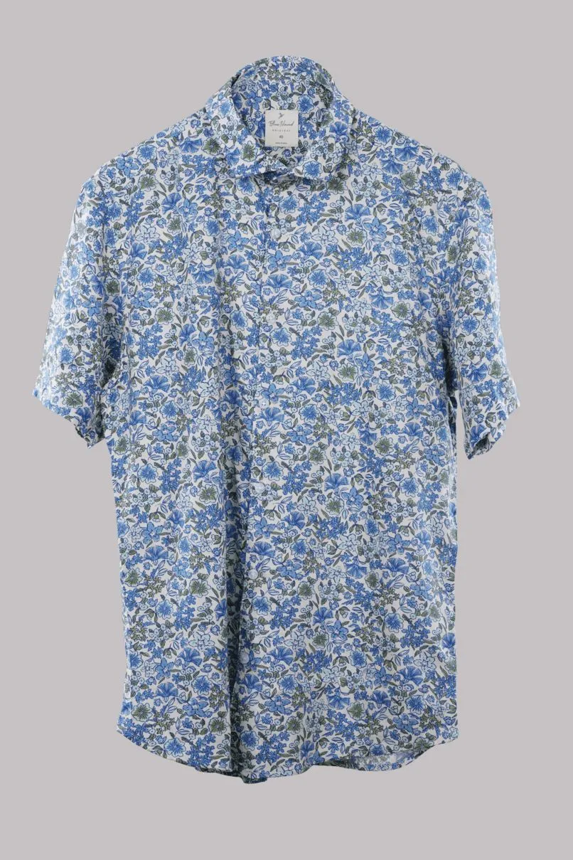 White & Blue Floral Print - Half Sleeve - Airlite Shirt