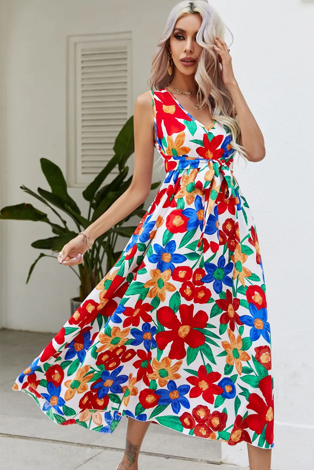 White V-neck Knot Floral Beach Flowy Midi Dress