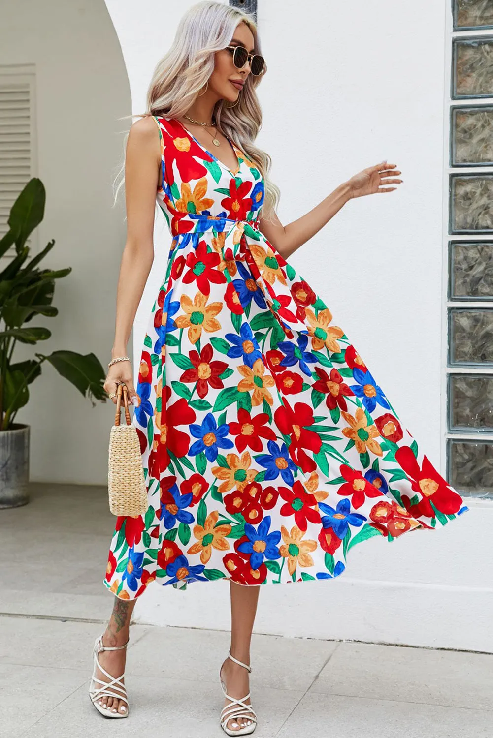 White V-neck Knot Floral Beach Flowy Midi Dress