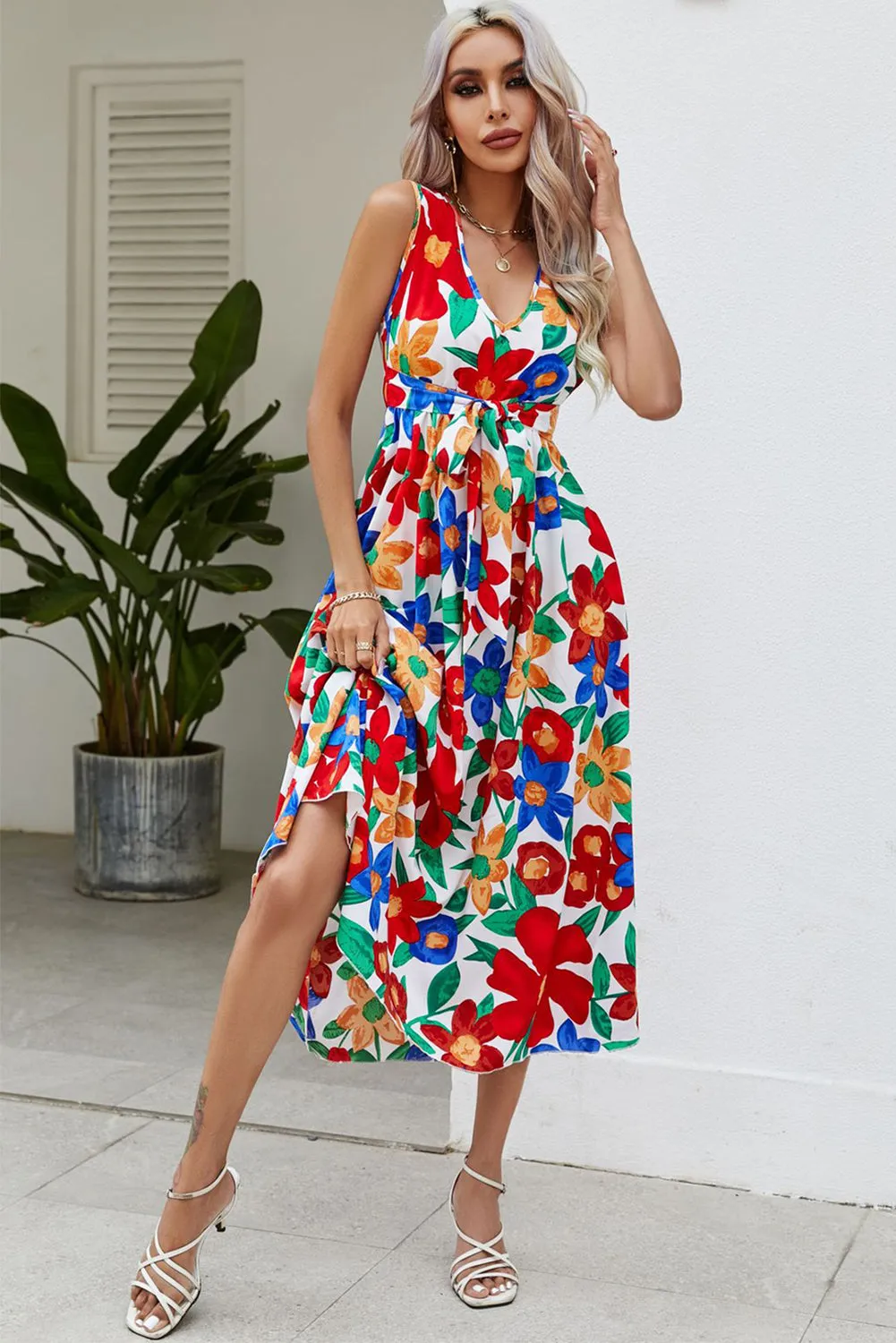 White V-neck Knot Floral Beach Flowy Midi Dress