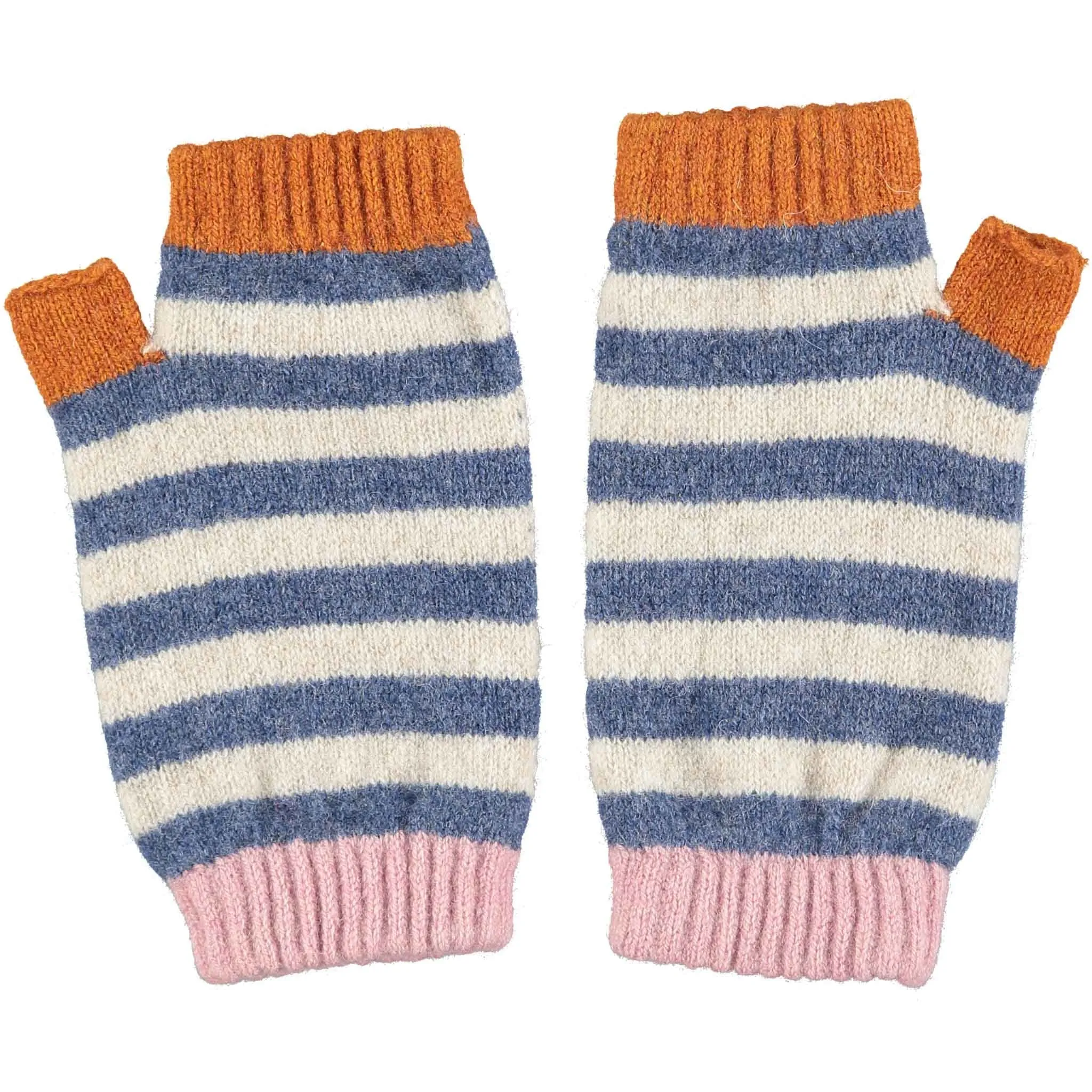 Women's Denim & Oatmeal Stripe Lambswool Wrist Warmers